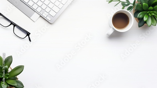 Stylish office table desk. Workspace with laptop, diary, succulent on white background. Flat lay, top view photo