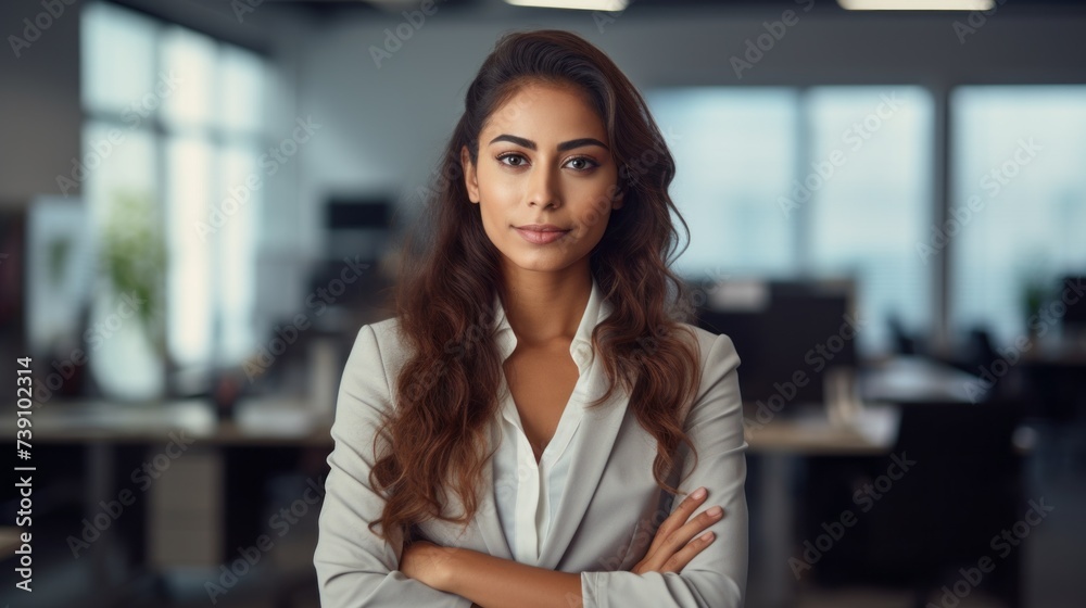 A happy smiling successful woman with her arms crossed stands in a modern office. Business, Favorite profession designer, blogger, sales manager, Startup concepts. A happy smiling successful woman with her arms crossed stands in a modern office. Business, Favorite profession designer, blogger, sales manager, Startup concepts.