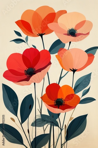A colorful flower design on a beige background. A vibrant and whimsical painting of a coquelicot flower  drawn by a child  on a neutral beige backdrop