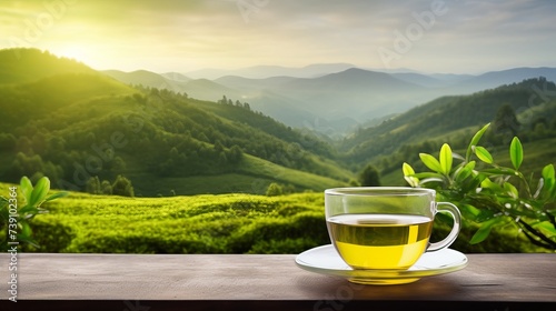 Tea cup with green tea leaf on the wooden table and the tea plantations background photo