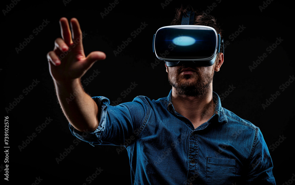 handsome man in vr glasses, playing with virtual reality headset, trying to touch something with hand handsome man in vr glasses, playing with virtual reality headset, trying to touch something with hand