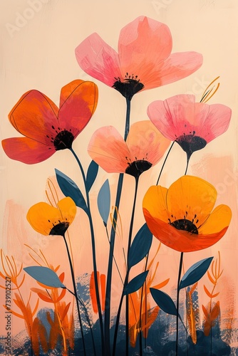 A colorful flower design on a beige background. A vibrant and whimsical painting of a coquelicot flower  drawn by a child  on a neutral beige backdrop