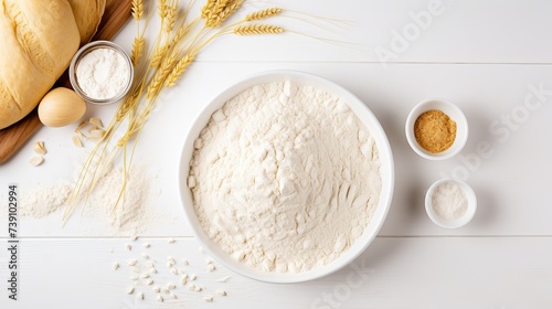 Top view of dough and baking  ingredients isolated on white photo