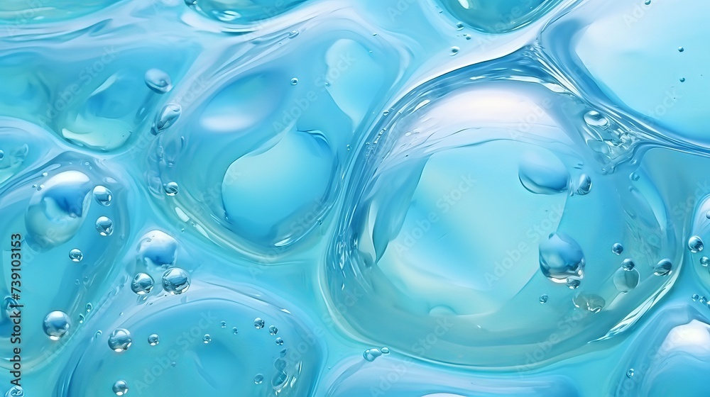 Fototapeta premium Transparent gel with bubbles close-up. The texture of gel cream. Oxygen bubbles in clear blue water, close-up. Mineral water. Water enriched with oxygen