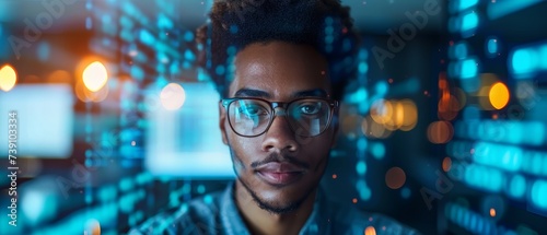 A portrait of a visionary tech entrepreneur standing in front of an AI-driven data visualization wall, showcasing real-time analytics and machine learning models