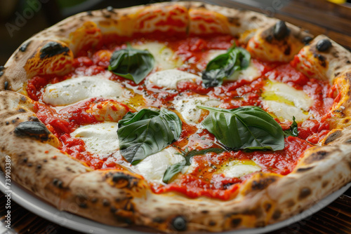 Neopolitan Pizza served on a wooden board from the brick oven