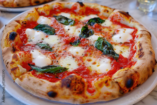 Neopolitan Pizza served on a wooden board from the brick oven