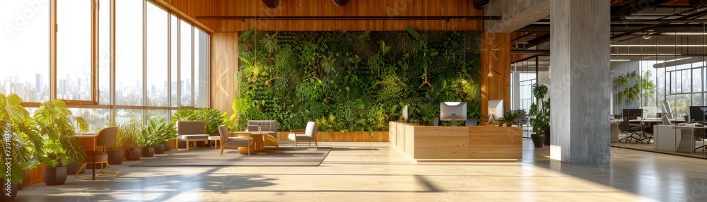 An eco-friendly office interior designed with biophilic elements, featuring a spacious open-plan workspace with living walls, natural light, and recycled furniture, promoting a healthy An eco-friendly office interior designed with biophilic elements, featuring a spacious open-plan workspace with living walls, natural light, and recycled furniture, promoting a healthy