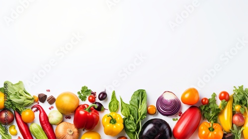 Wide collage of fresh fruits and vegetables for layout isolated on white background. Copy space photo