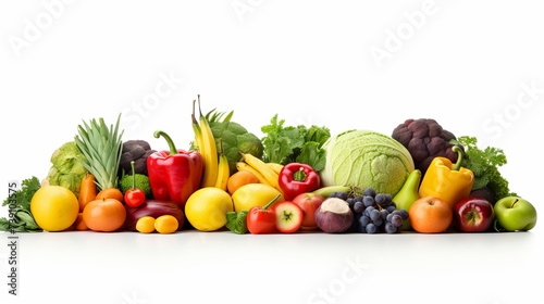 Wide collage of fresh fruits and vegetables for layout isolated on white background. Copy space