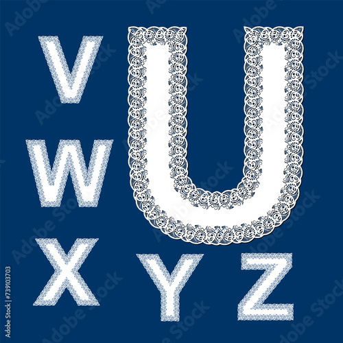 Font with lacy edges for laser cutting, suitable for glamor, weddings and other romantic events. Latin alphabet letter.  Can be cut from paper or wood. Vector illustration.