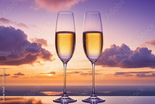 Two champagne glasses perched elegantly side by side, delicate stems visible against a panoramic backdrop of billowing white clouds, sky gradient of orange to purple dusk tones. Generative AI