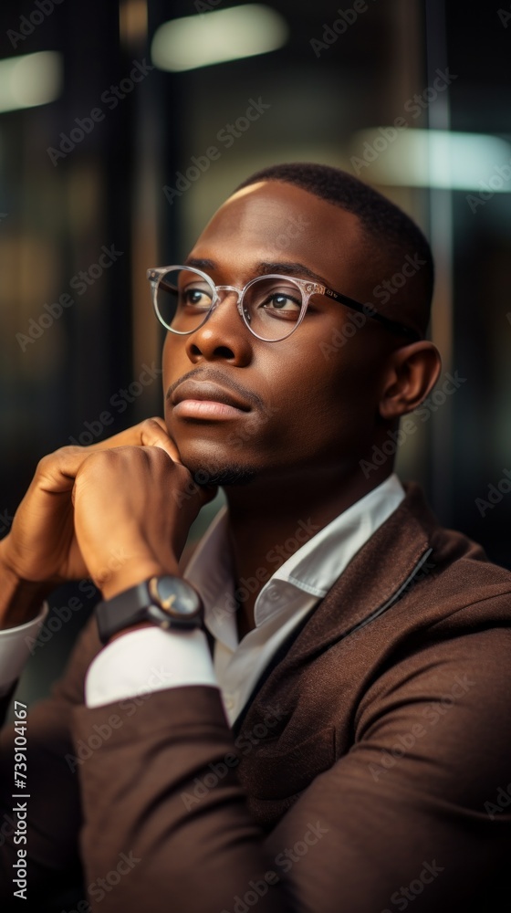 A close-up portrait of a handsome, serious young African-American businessman wearing a stylish suit and glasses, an entrepreneur thinking about new projects in the office. A close-up portrait of a handsome, serious young African-American businessman wearing a stylish suit and glasses, an entrepreneur thinking about new projects in the office.