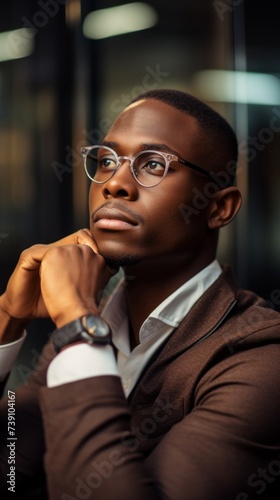 A close-up portrait of a handsome, serious young African-American businessman wearing a stylish suit and glasses, an entrepreneur thinking about new projects in the office.