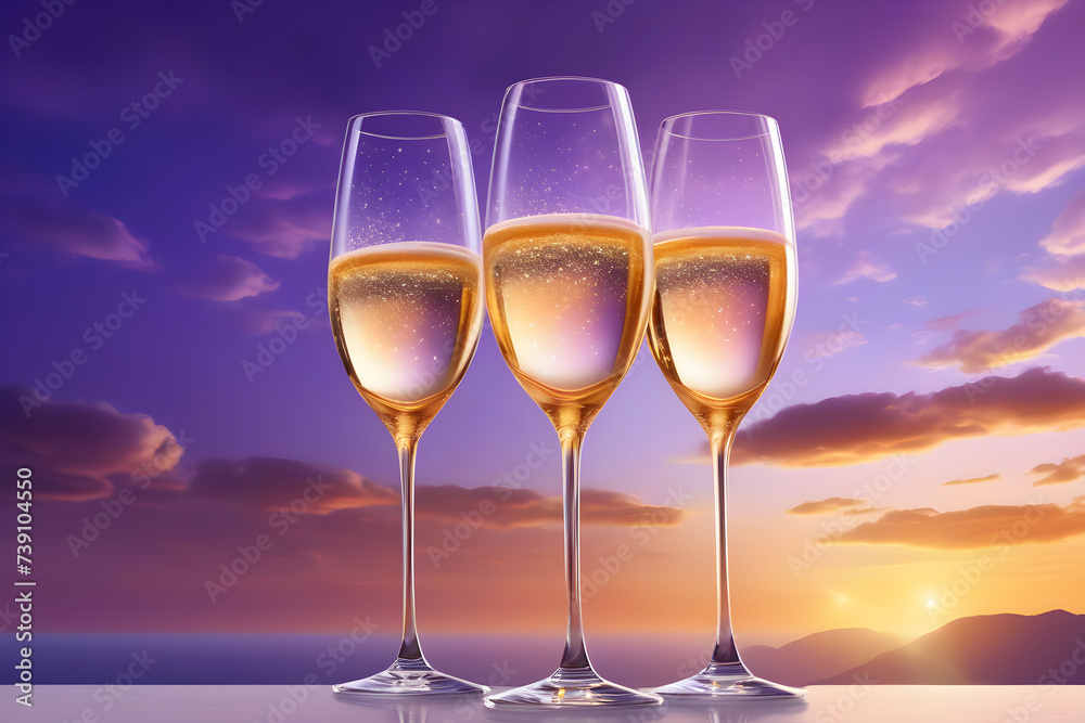 Three champagne glasses perched elegantly side by side, delicate stems visible against a panoramic backdrop of billowing white clouds, sky gradient of orange to purple dusk tones. Generative AI