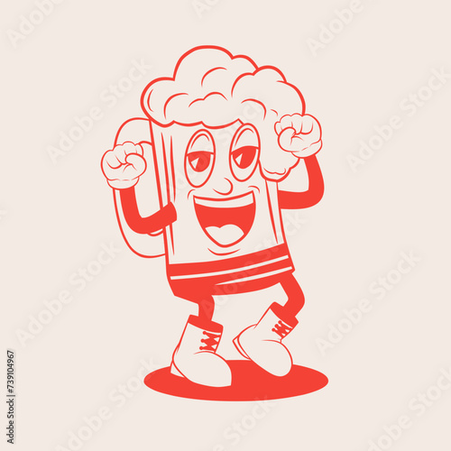 Cartoon beer mug character dancing in retro style. Vector illustration. Vintage alcohol drink mascot poster