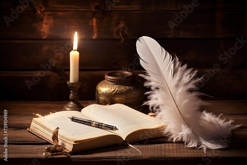 Ghost story begins with parchment and quill. White feather on the wooden table with antique books