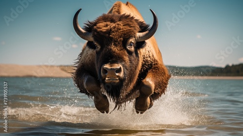 Experience the intensity of an bison leaping onto the beach in a stunning close-up photo, Ai Generated.