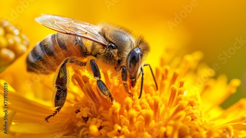 Delve into the intricate world of pollination with a close-up macro shot of a bee and yellow flower pollen. Ai Generated