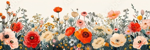 A colorful flowers in a field. Vibrant brushstrokes capture the delicate essence of a blooming poppy, as it stands tall among a sea of colorful annuals in a picturesque field painting