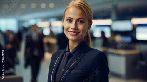 Female Flight Attendant in uniform smiling background airport