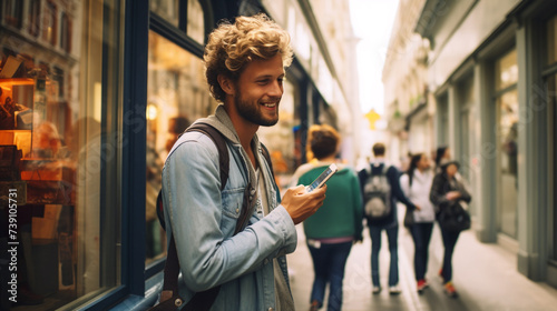 A blonde hair French Guy holding his cellphone smiling at a tourist attraction