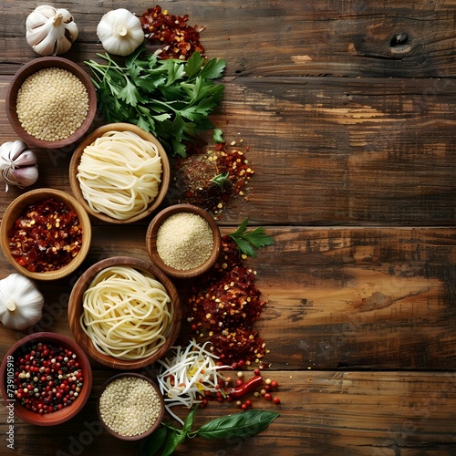 Assorted Spices and Noodles on a Wooden Surface