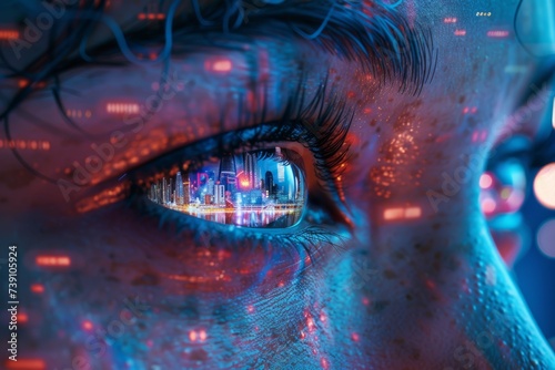 Detailed close-up of a cybernetic human eye reflecting a neon-lit cityscape, symbolizing advanced technology and futuristic concepts.