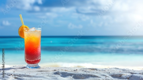 Cool summer cocktail on white beach, sea view, space for text, Ai Generated.