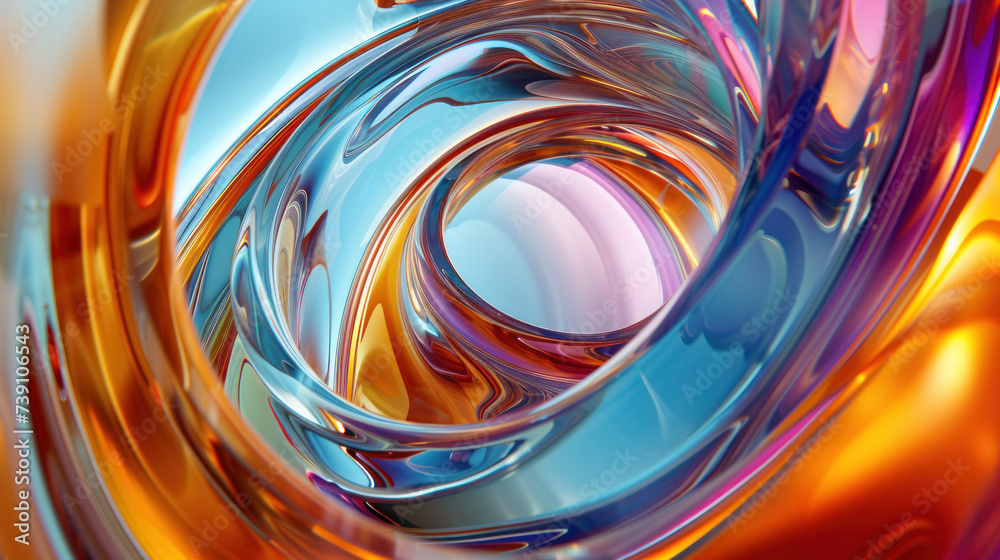 Abstract 3D colorful arrangement of swirly glass tubes, in style of photorealistic compositions, fluidity, dark table processing, irregular shapes, clear colors, multilayered