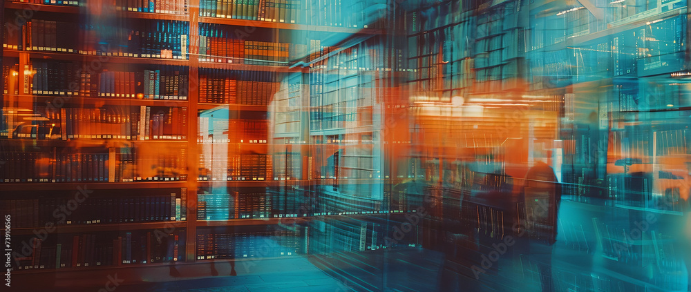 Abstract Narratives Unveiled Through Blue and Orange Mirror Reflections in Bookstore Serenity Abstract Narratives Unveiled Through Blue and Orange Mirror Reflections in Bookstore Serenity