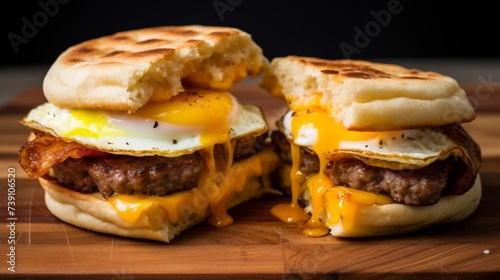 Cheesy sausage breakfast sandwiches with egg, made at home, mc muffin cut