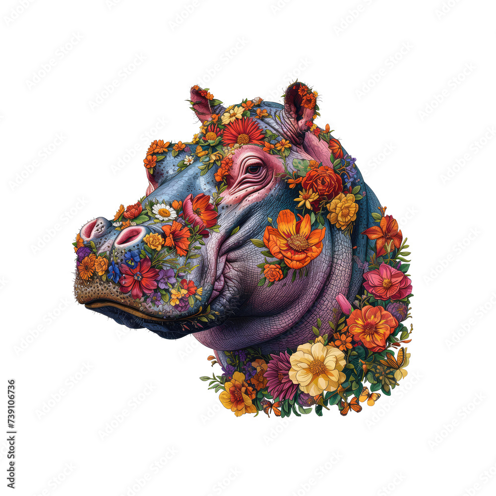 hippo made of flowers water painting vintage vivid colors