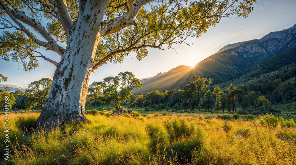 Sunrise Behind a Large Tree in a Lush Valley
