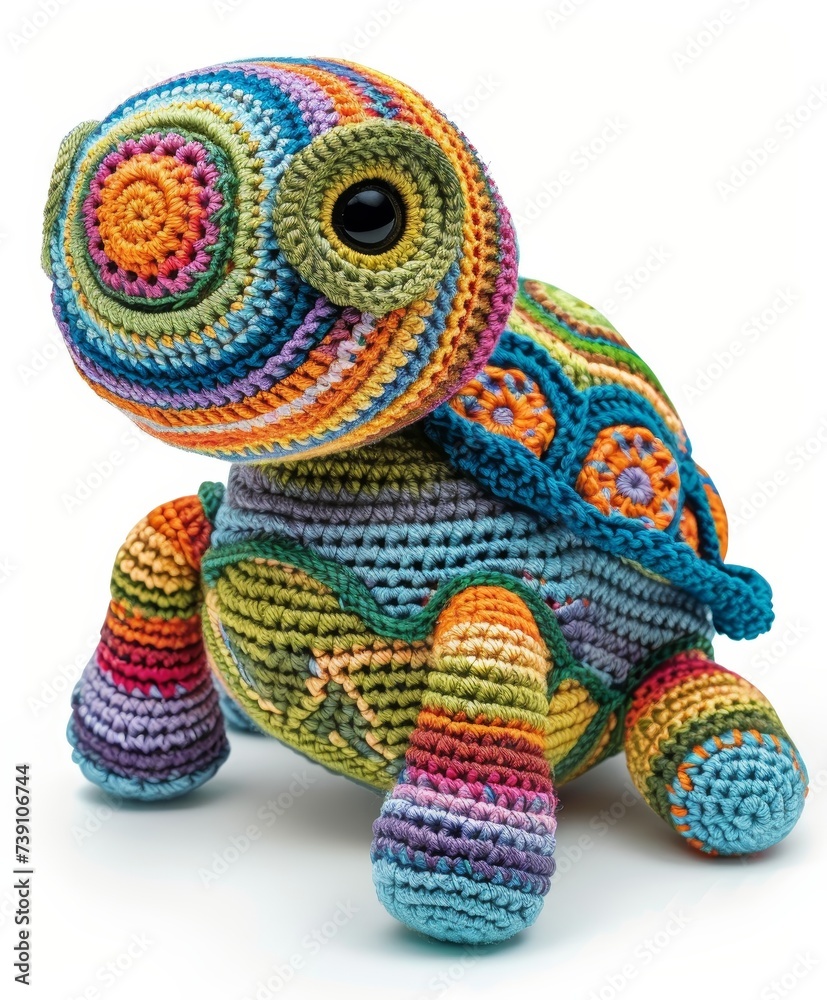 Illustration vector designs a handcrafted style amigurumi turtle with detailed crochet patterns and vibrant yarn colors White background
