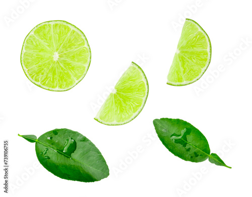 Top view set of green lemon half with slices and leaves isolated with clipping path in png file format