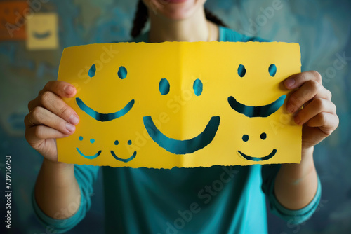 Hands holding happy smile face for medical care concept. face happy, sad, and angry person, mental health positive thinking.