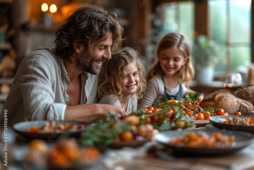 A cheerful family gathered around a dinner table, sharing a meal and creating memories together. Concept of familial happiness. Generative Ai. A cheerful family gathered around a dinner table, sharing a meal and creating memories together. Concept of familial happiness. Generative Ai.