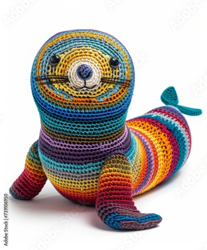 Illustration vector designs a handcrafted style amigurumi Otter with detailed crochet patterns and vibrant yarn colors White background © Clipart Studio