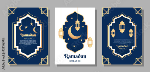 Set of vector A4 size ramadan mubarak designs for flyers, posters, brochures, and others. Beautiful design with moon, lantern, star in luxury gradient gold color.