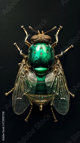 Green fly insect made out of emerald and gold, black background photo