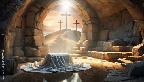 Empty tomb with white shroud laying inside on a stone, three cruises in the background. Resurraction of Jesus. photo