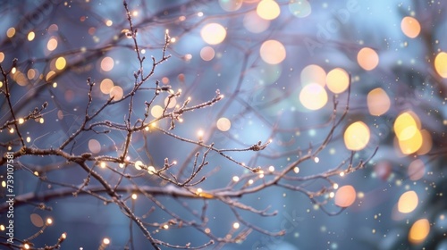 Winter Magic with Twinkling Lights on Frosted Branches. Bare branches on a winter's evening, dusted with frost and illuminated by the gentle twinkle of warm, bokeh lights.