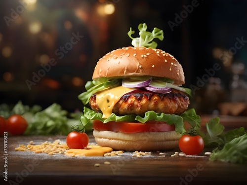 Chicken burger with cheese  tomatoes  red onions  cucumber  and lettuce on black slate against a dark background. Unhealthy food