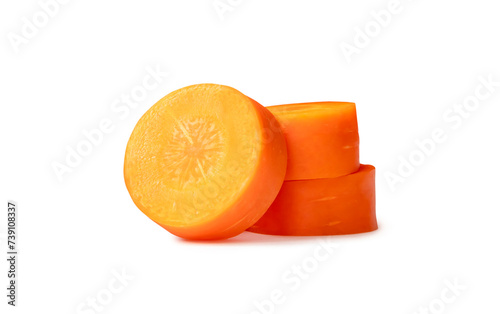Front view of beautiful orange carrot slices in stack isolated on white background with clipping path