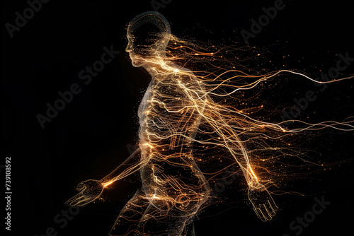 Illustration mapping the central and peripheral nervous systems in a transparent human figure, highlighting sensory and motor neuron networks. photo