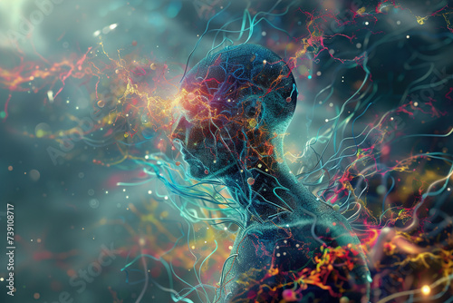 A futuristic concept image, holographic nerve cells and neurotransmitters enveloping a ghosted human form, neural connectivity and complexity. #739108717