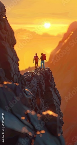 Unwavering Support - Two Individuals Embrace on a Majestic Mountain at Sunset