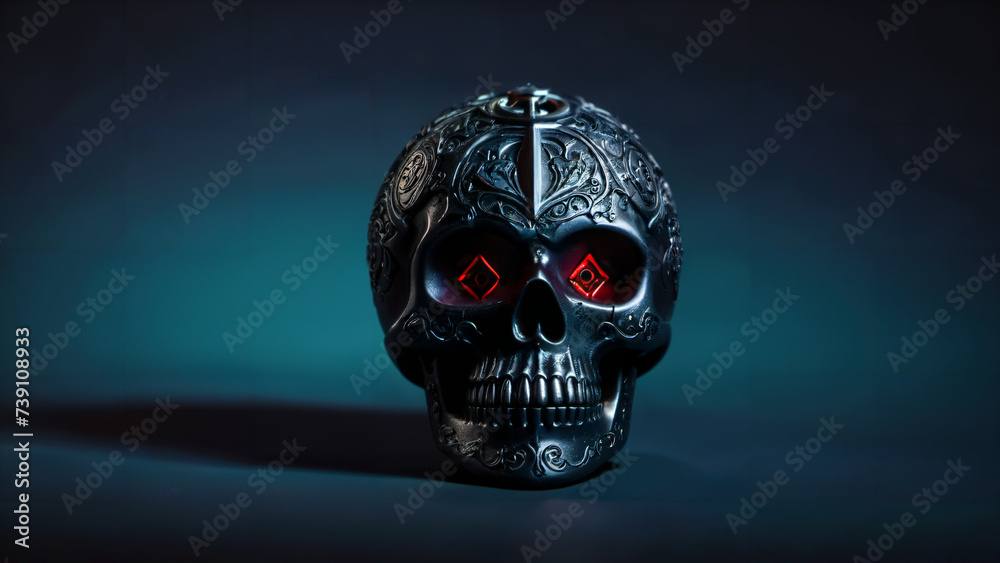 skull with red eyes on a dark background, skull with red eyes on a dark background,
