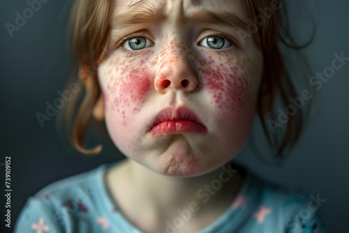 Depiction of a child's face with swelling lips and tongue, portraying a life-threatening allergic reaction known as anaphylaxis to food allergens. photo